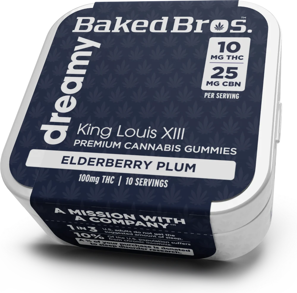 Baked Bros Dreamy THC gummies with 25mg CBN per serving, King Louis XIII strain, Elderberry Plum flavor, 100mg tin