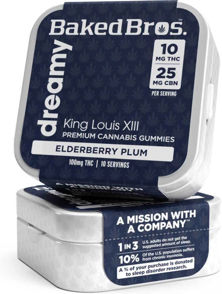 Baked Bros Dreamy THC gummies with 25mg CBN, King Louis XIII, Elderberry Plum flavor, two stacked 100mg tins