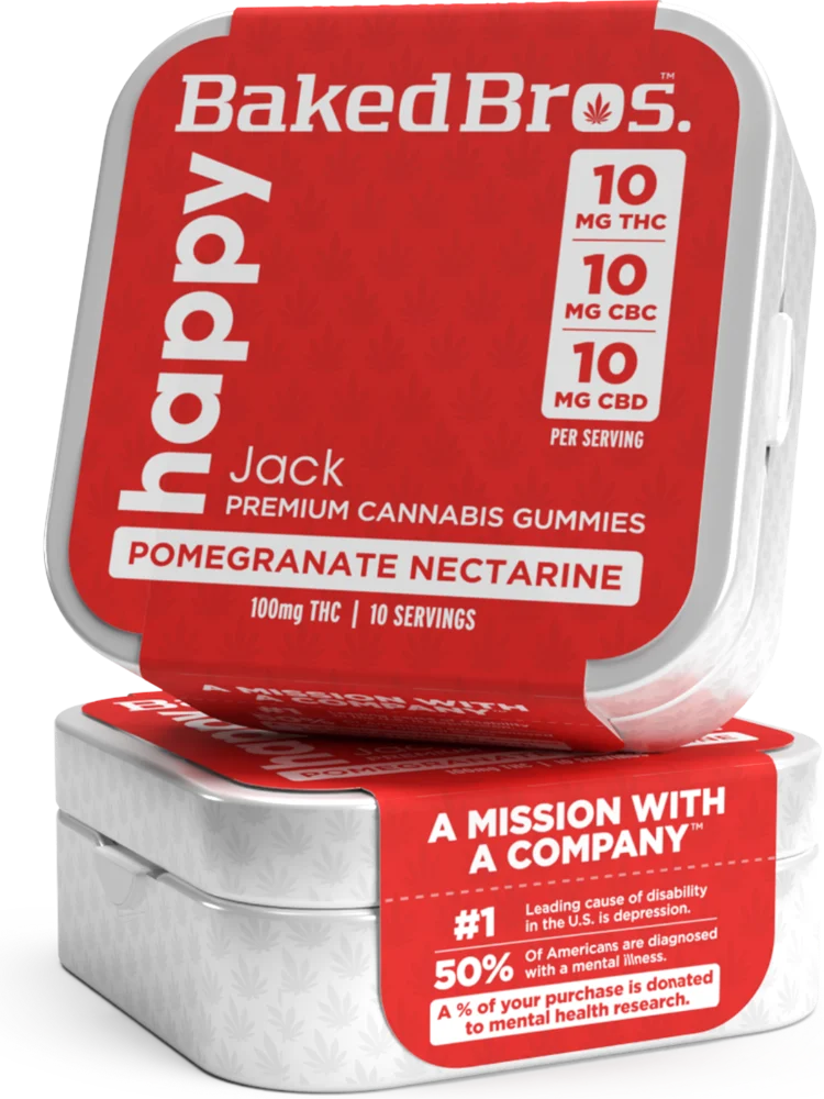 Baked Bros Happy THC gummies with CBC and CBD, Jack sativa, Pomegranate Nectarine flavor, two stacked 100mg tins