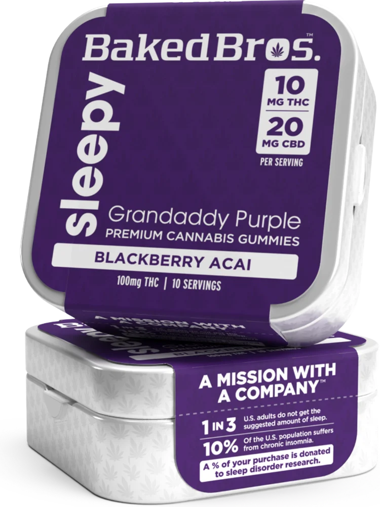 Baked Bros Sleepy THC gummies with CBD, Grandaddy Purple indica, Blackberry Acai flavor, two stacked 100mg tins